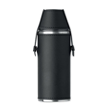 Vista frontal de petaca negra de acero inox con tapa