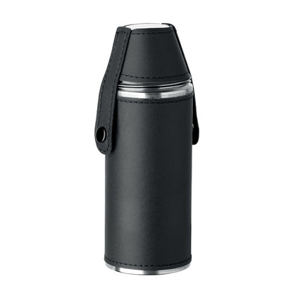 Vista frontal de Petaca negra  de acero inox.