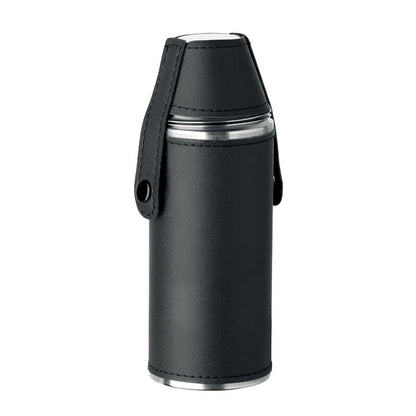 Vista frontal de Petaca negra  de acero inox.