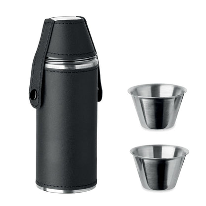 Petaca negra con 2 vasos chupito de acero inox.