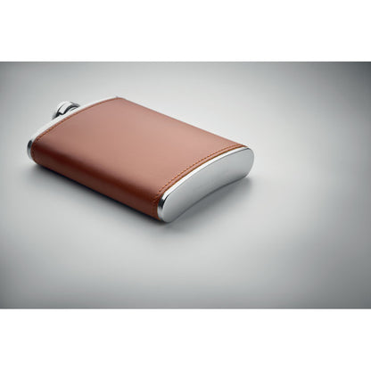 Vista superior de petaca de 200 ml de acero y cuero PU. Marrón