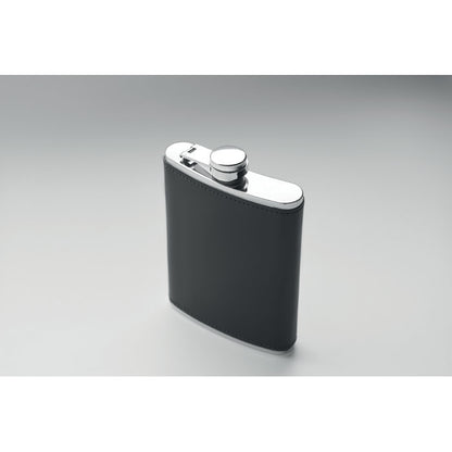 Vista superior de petaca de 200 ml de acero y cuero PU. Negra