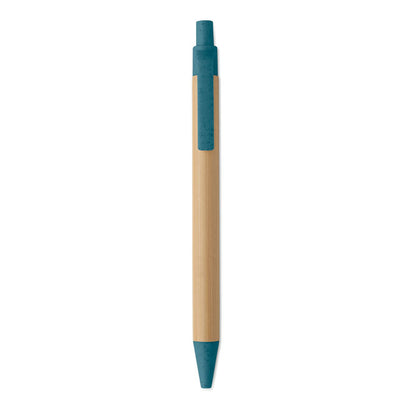 Vista superior Bolígrafo con cuerpo de bambú y detalles en paja de trigo azules