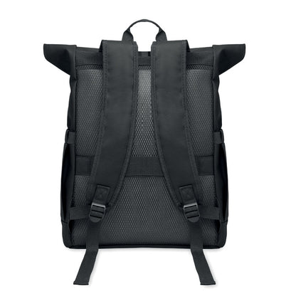 Vista trasera de asas de mochila negra con cierre rolltop