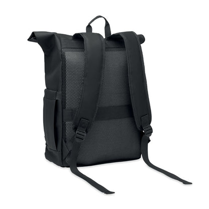 Vista posterior de mochila negra con 2 asas y cierre superior