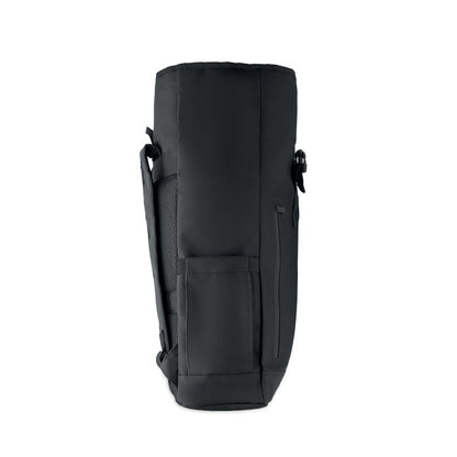 Vista lateral de mochila negra rolltop