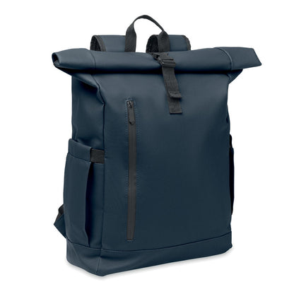 Vista lateral de mochila marino con cierre rolltop