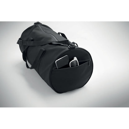 Vista lateral de bolsa de deporte cilíndrica negra con Vista de lado de bolsa de deporte negra cilíndrica con bolsillo de rejilla y botella en bolsillo