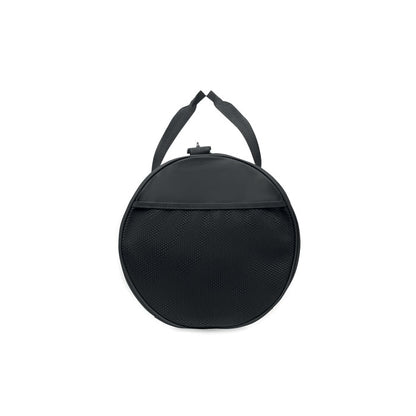 Bolsa negra de deporte abierta con fondo gris