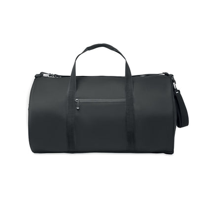 Vista frontal de bolsa de deporte negra con 2 asas cortas y bolsillo exterior