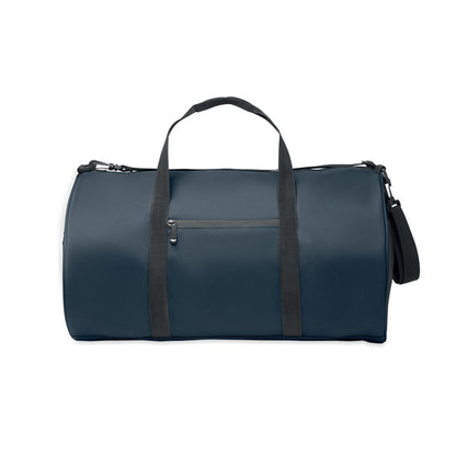 Vista frontal de bolsa de deporte marino. 2 asas, bandolera y bolsillo frontal