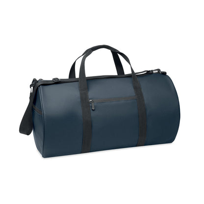 Vista frontal de bolsa de deporte marino con 2 asas cortas y bolsillo exterior