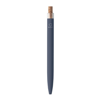 Vista trasera de boli ecológico azul con pulsador de madera