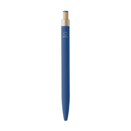 Vista lateral de Destalle de pulsador de madera de Bolígrafo de aluminio reciclado azul 
