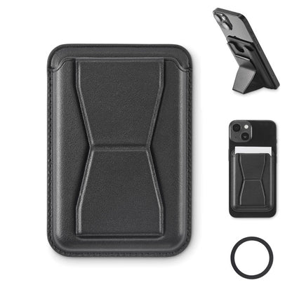Varias vistas de tarjetero de teléfono de piel PU negra con soporte