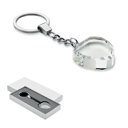 Llavero de cristal con forma de corazón, caja blanca al lado