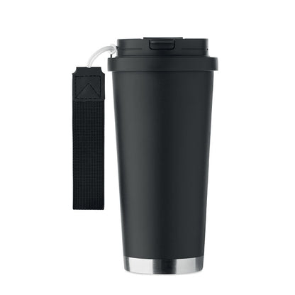 Vista frontal de vaso grande negro de doble pared de acero reciclado con asa