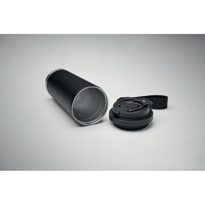 Vaso de acero inox. reciclado negro con tapa y asa al lado