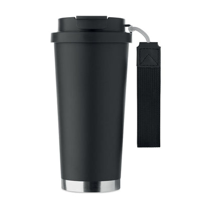 Vista frontal de vaso grande negro de doble pared de acero reciclado con asa