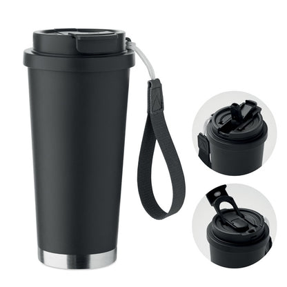 Vista frontal de vaso grande negro de doble pared de acero reciclado. Vista de tapa con cierre