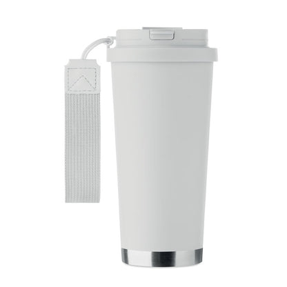 Vista frontal de vaso grande blanco de doble pared de acero reciclado con asa