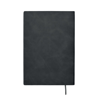 Contraportada de libreta negra con marcapáginas de tela