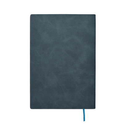 Contraportada de libreta azul oscuro con marcapáginas de tela