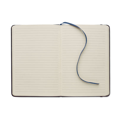 Portada de cuaderno azul marino con cierre de goma elástica