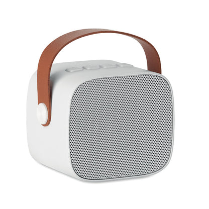 Altavoz inalámbrico blanco con asa marrón de PU