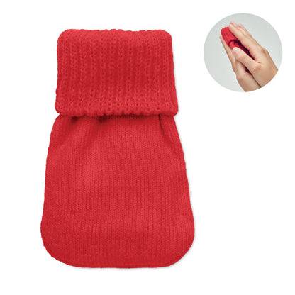 Calienta manos de poliester tricotado rojo. Manos con calienta manos