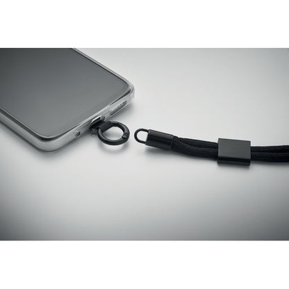 Móvil con cordón de RPET negro con fondo gris