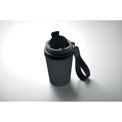 Vista superior de vaso de PP negro con tapa y correa negra