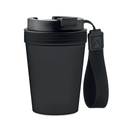 Vista lateral de vaso de PP negro con tapa y asa negra