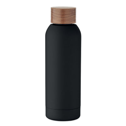 Vista frontal de botella negra mate de acero ecológico con tapón de madera