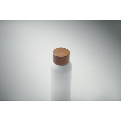 Vista superior de botella blanca mate de acero ecológico con tapón de madera