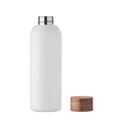 Vista frontal de botella blanca mate de acero ecológico con tapón de madera a un lado