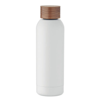 Vista frontal de botella blanca mate de acero ecológico con tapón de madera