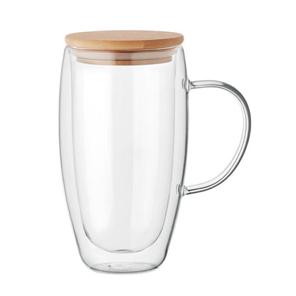 Vista lateral de taza de borosilicato doble pared con tapa de madera