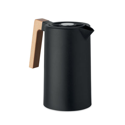 Jarra negra de acero reciclado con asa de madera y tapa