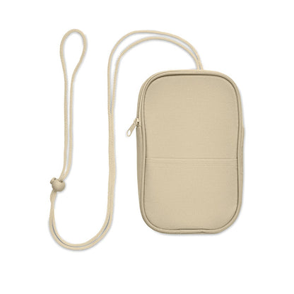 Vista trasera de bolsa de viaje beige con asa cruzada