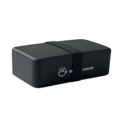 Vista lateral frontal de fiambrera negra doble con cierre goma y logo impreso