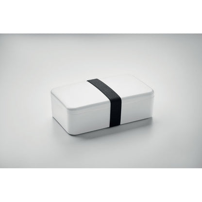 Fiambrera blanca de 2 pisos abierta con fondo gris