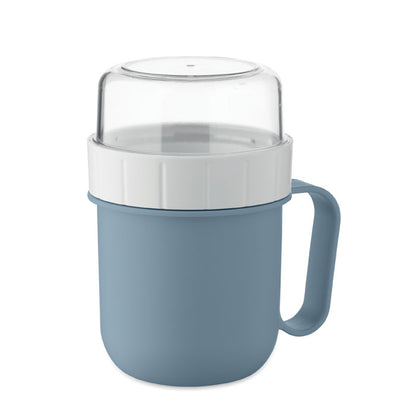 Vista superior de taza azul con tapa y contenedor de alimentos