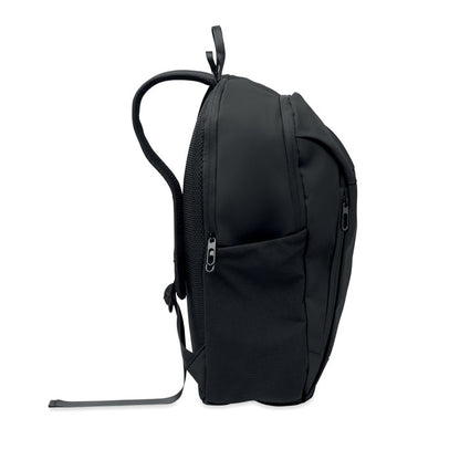 Vista lateral de mochila negra con bolsillo