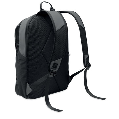 Vista trasera de mochila gris y negra con asas acolchadas