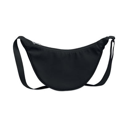 Vista frontal de bandolera negra con cremallera