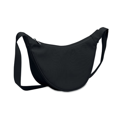 Vista frontal de bandolera negra con cremallera
