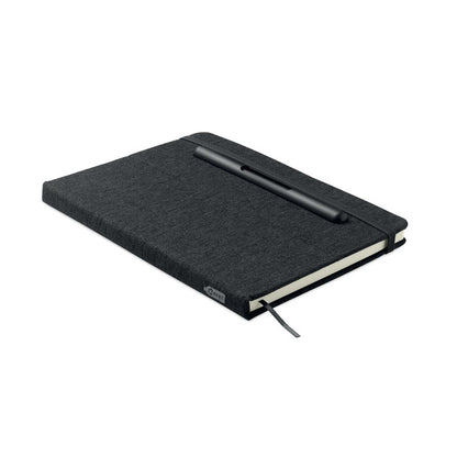 Vista lateral de libreta negra con sporte para boli y marcapáginas