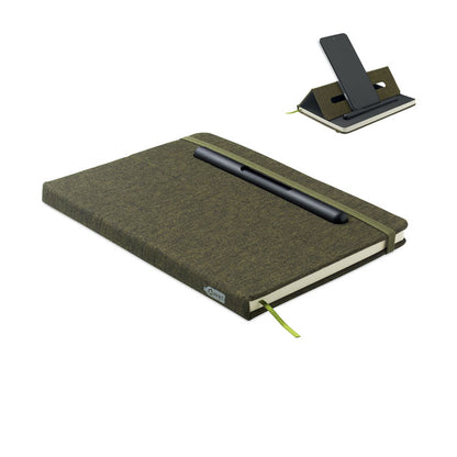 Vista lateral de libreta verde con soporte para móvil y boli