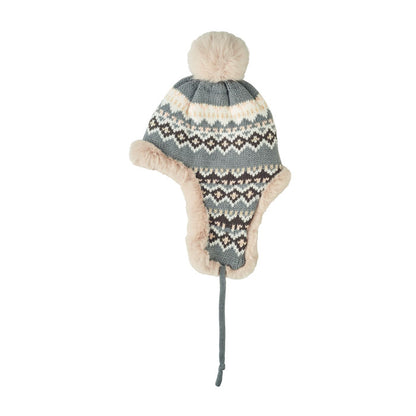 Vista lateral de gorro con pompón y orejeras